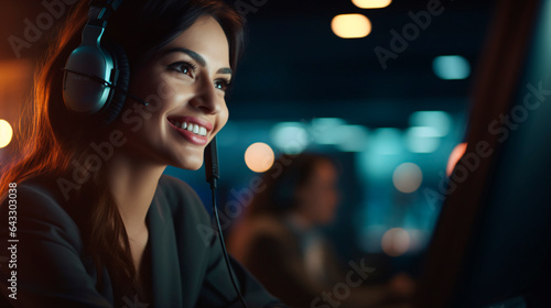 Female call center worker smiling and working answering the call providing service with courtesy and attention.  photo