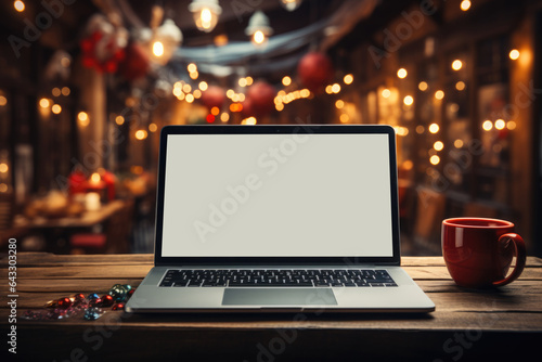 Christmas background with empty laptop screen. Copy space. Merry Christmas. Generative AI.