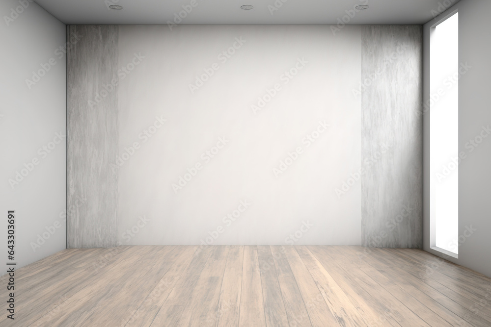 Empty room mockup with concrete wall and wood laminate floor. Generative AI Empty room mockup with concrete wall and wood laminate floor. Generative AI