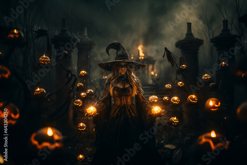 Dark and beauty witch with creepy jack o lanterns on graveyard. Fairy tales. Halloween magic