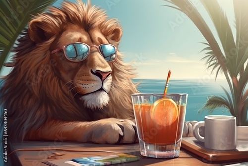 A lion sitting at a table with sunglasses and drinks created with Generative AI technology © RealPeopleStudio