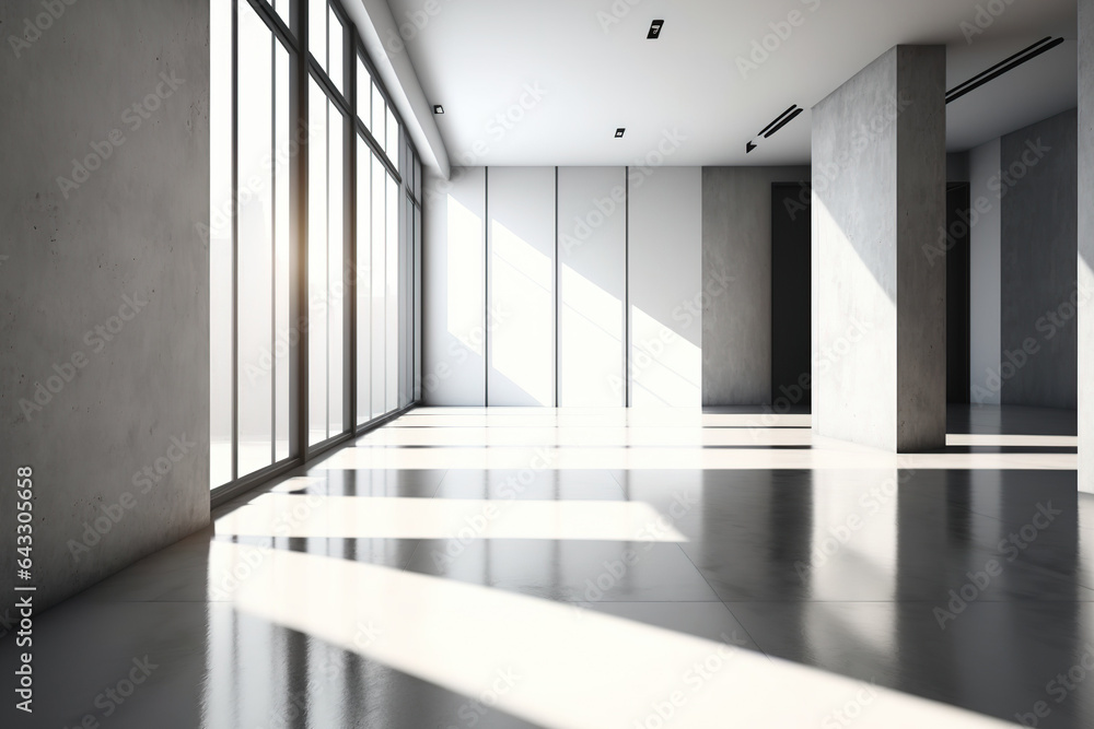 Copy space and sunlight on concrete floor in luxury vacant space. Generative AI Copy space and sunlight on concrete floor in luxury vacant space. Generative AI
