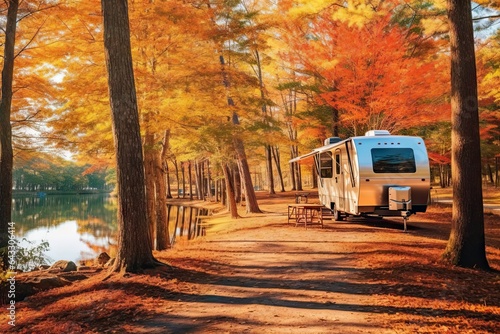 an rv parked on the side of a road next to a body of water surrounded by trees in fall colors