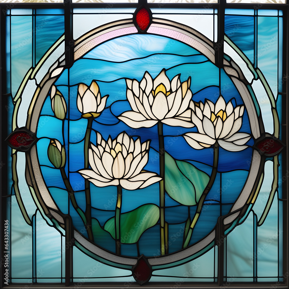 stained glass window with lotus flowers stained glass window with lotus flowers