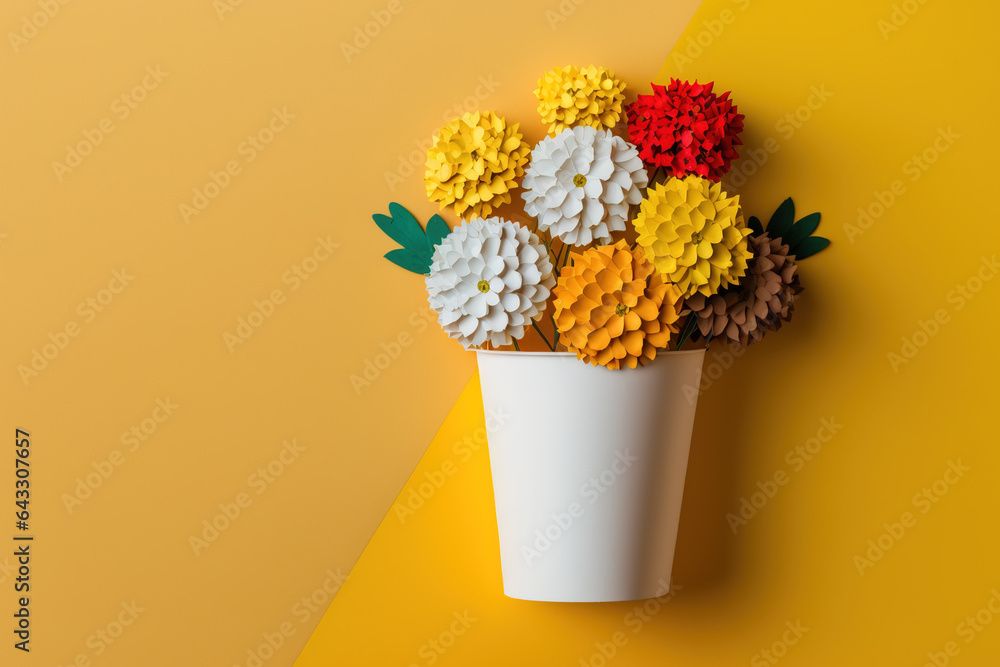 Summertime multicolored bouquet in a white flowerpot on a yellow background. Generative AI