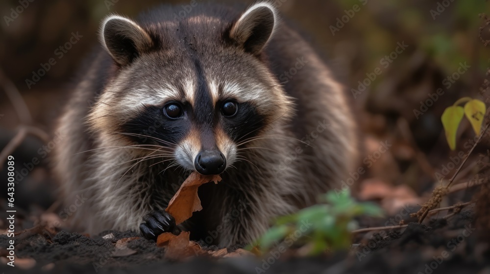 Raccoon in the forest with leaves in its beak.