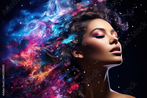 Cosmic Creation: Model's Face Transformed into a Miniature Galaxy 