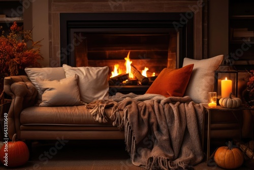 A sofa with soft cozy pillows and blankets is set in front of a fireplace © Fred