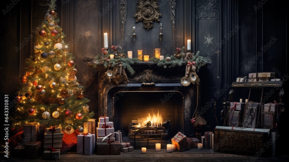Christmas decorated interior with fireplace, armchair, window and tree ,festive Christmas interior