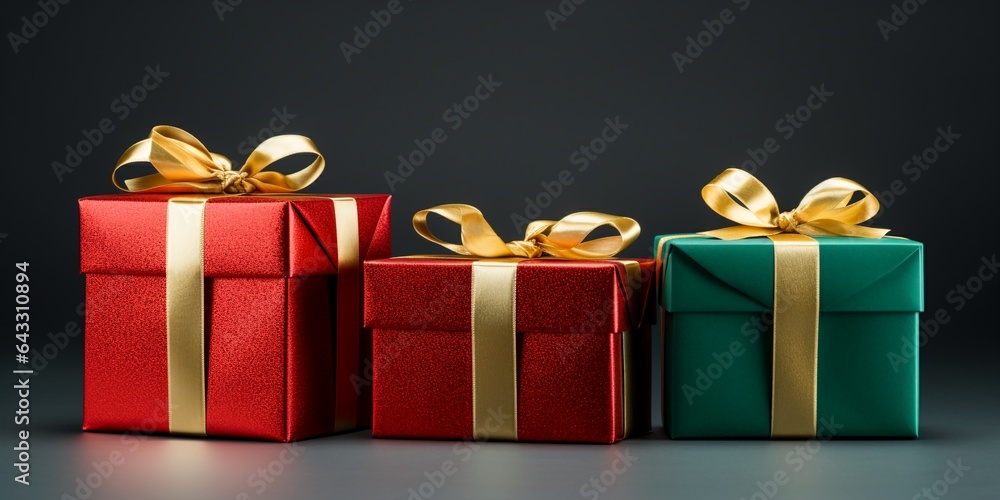 Red and green gift boxes decorated with golden ribbon in a row isolated ...