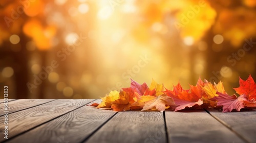 Autumn Leaves on Wooden Surface Surface of old wooden planks covered with colorful autumn leaves