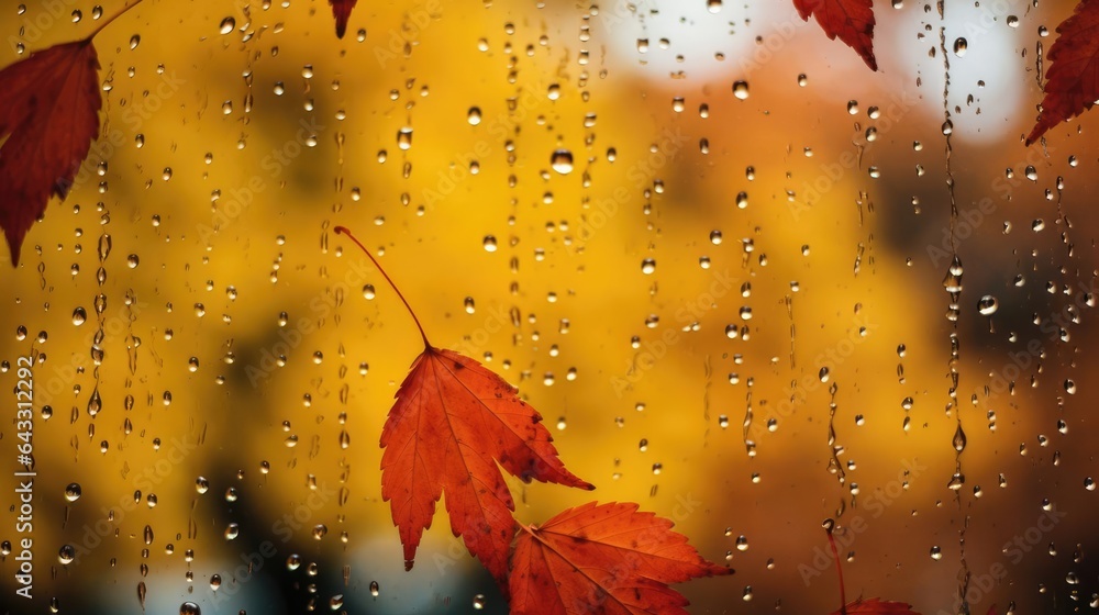 Autumn Rain Raindrops on a window focusing on yellow and red leaves in the background