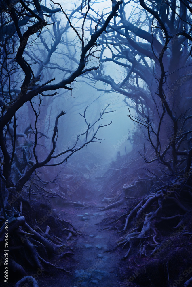 Eerie Haunted Forest Landscape with Twisted Gnarled Trees, Halloween, Generative AI