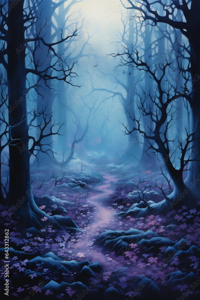 Fototapeta premium Vibrant Watercolor Painting, Eerie Haunted Forest Landscape with Twisted Gnarled Trees, Halloween, Generative AI