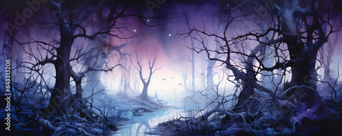 Vibrant Watercolor Painting  Eerie Haunted Forest Landscape with Twisted Gnarled Trees  Halloween  Generative AI