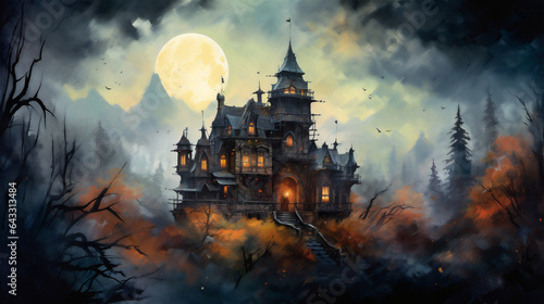 Watercolor Painting Eerie Haunted Landscape with Haunted Mansion, Halloween, Generative AI