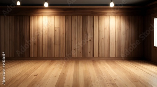empty light room with wooden flooring and walls background can be used as product display or showcase 