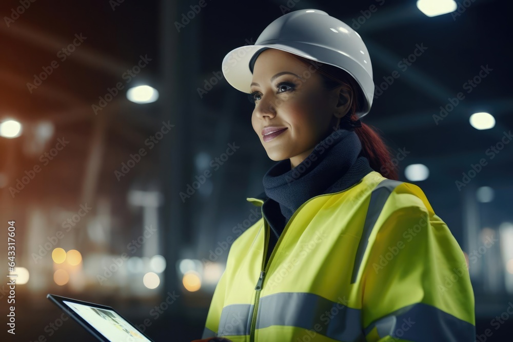 Close up Portrait of a woman in a high-vis jacket using a tablet against the backdrop of spinning turbines Close up Portrait of a woman in a high-vis jacket using a tablet against the backdrop of spinning turbines