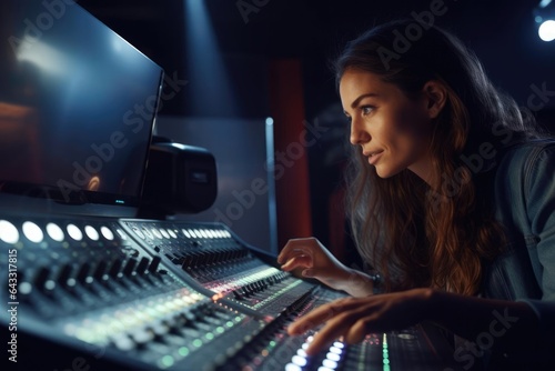 Close up Portrait of a woman in a sound recording studio adjusting audio levels on a mixing console