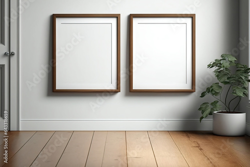 Two square wooden frames on a hardwood floor. Generative AI