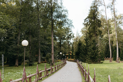 Landscape design with walking paths. Father Frost's estate. UNESCO World Heritage, National Park with relict forests and bisons. Belovezhskaya Pushcha, Białowieża Forest, Belarus, Poland - 09-03-2023