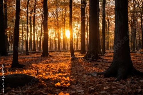 The setting sun illuminates a forest blanketed in colorful autumn leaves