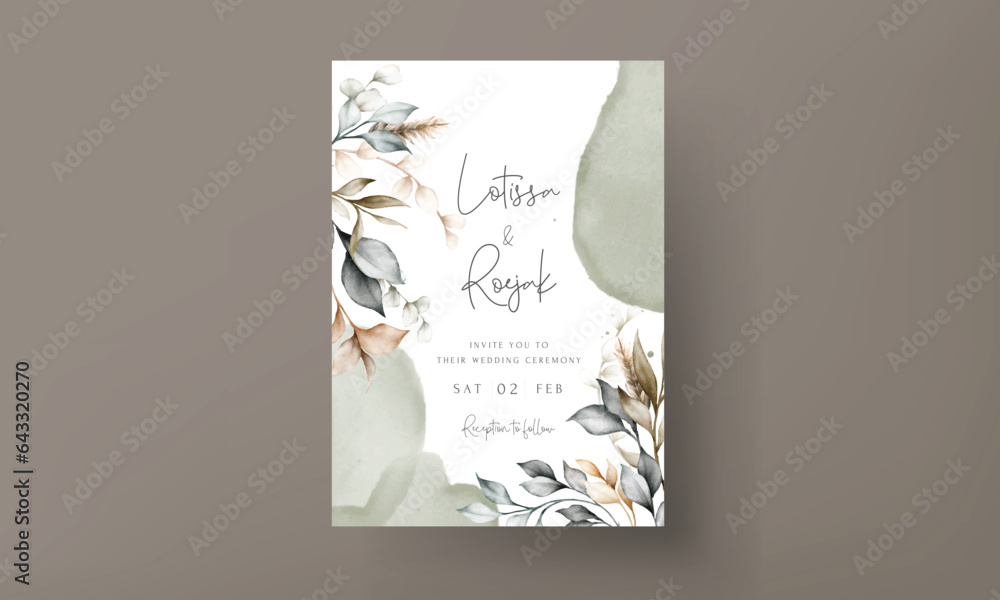 elegant brown leaves watercolor wedding card template