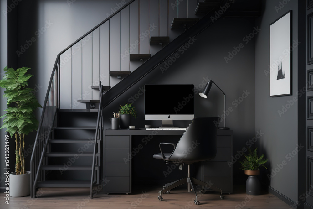 This trendy home office has a modern black computer desk against the staircase, black office ...