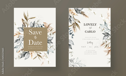 elegant brown leaves watercolor wedding card template