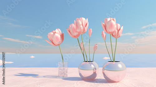 Surreal Beauty: Pink Tulips in a Vase in the Desert Landscape