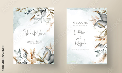 elegant brown leaves watercolor wedding card template