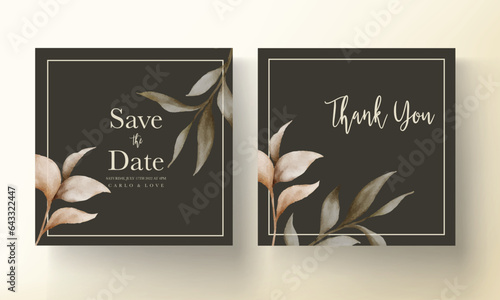 Elegant wedding invitation card with bohemian leaves watercolor