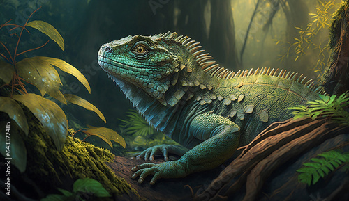 Green dragon lizard in jungle AI illustration