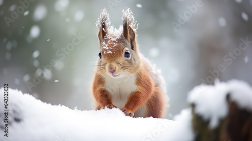 Closeup of a cute squirrel in the snow. Winter wild life. © britaseifert