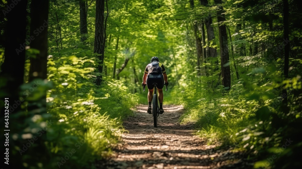Fototapeta premium A person is riding a bicycle on a path in the mountains, AI generated