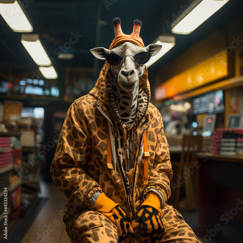 Girafe anthropomorphique habillée dans un style hip hop des années 1980. © Jerome Mettling