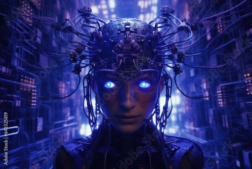 Chat, virtual assistant, supercomputer, central processing unit, cloud storage, neural network and artificial intelligence in the face of a man connected to the Internet, global web