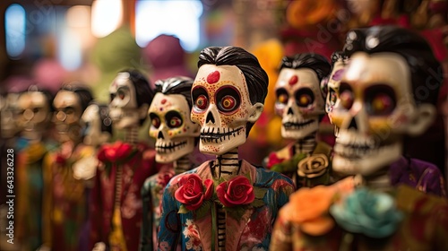 Image of the Day of the Dead with intricate puppets and large decorated skulls.