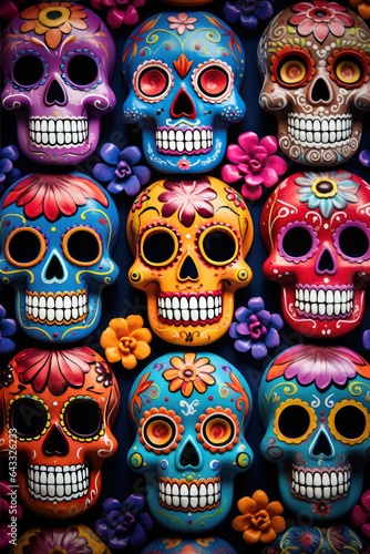 Image of intricate sugar skulls arranged on a dark background.