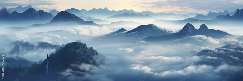 Drone view of a huge mountain range covered with a veil of fog and clouds.