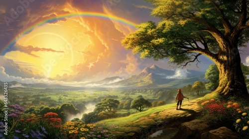 Illustration of a serene landscape after a rainstorm with a bright rainbow. © kept