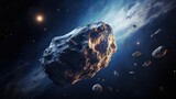 An image of a rocky asteroid flying through space.