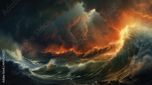 An image of high waves rising from the sea under a sky ablaze with storm clouds.
