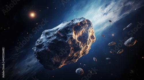 An image of a rocky asteroid flying through space. photo