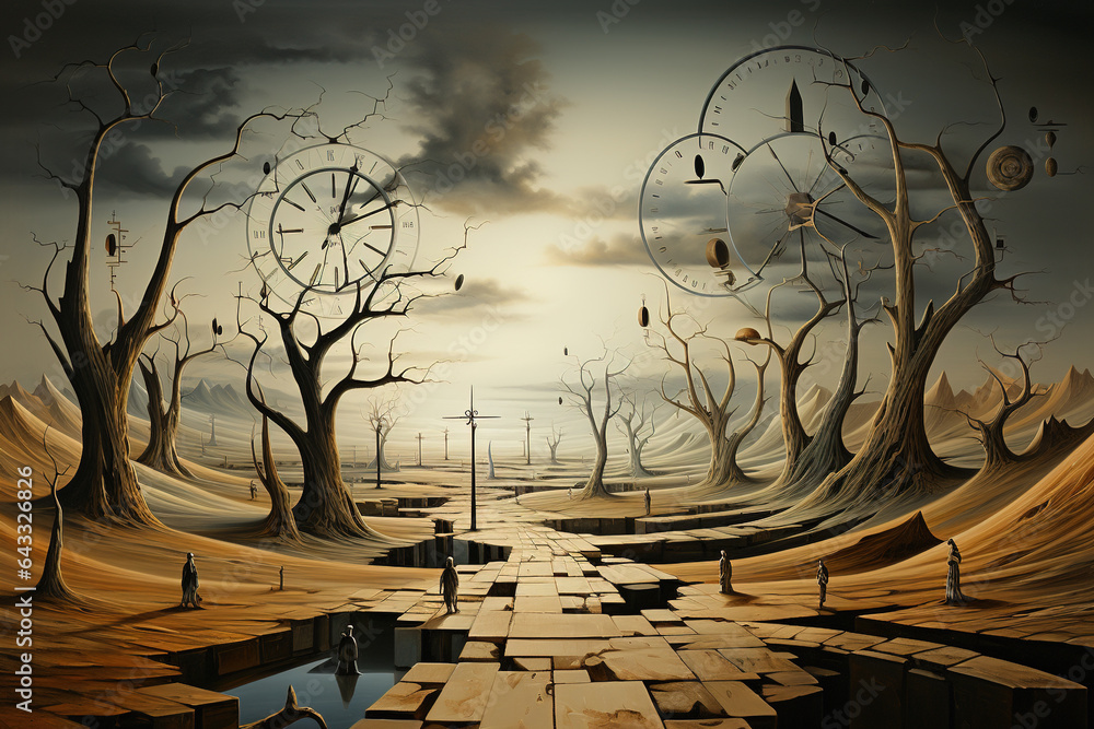 Surreal landscape, fantasy World with desert and clocks, illustration - obrazy, fototapety, plakaty 