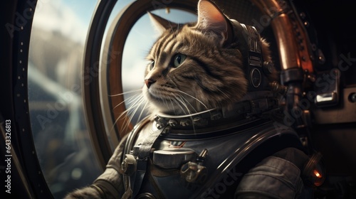 An image of a curious cat dressed as an astronaut.