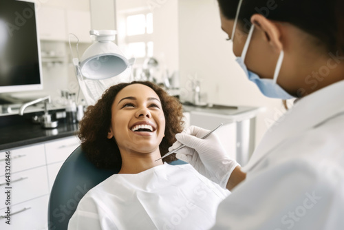 Girl sits in dental chair in doctor office, patient showing teeth
