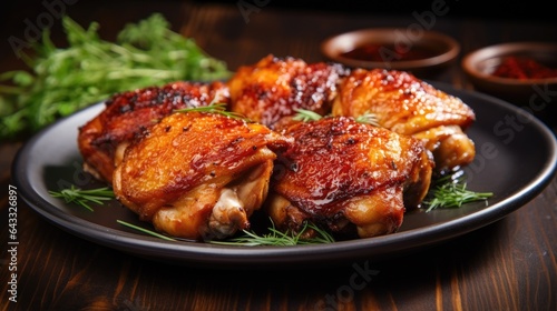 A plate of perfectly baked chicken thighs.
