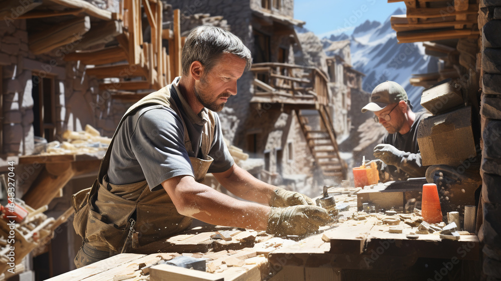 Bricklayers at work,construction of modern buildings Bricklayers at work,construction of modern buildings