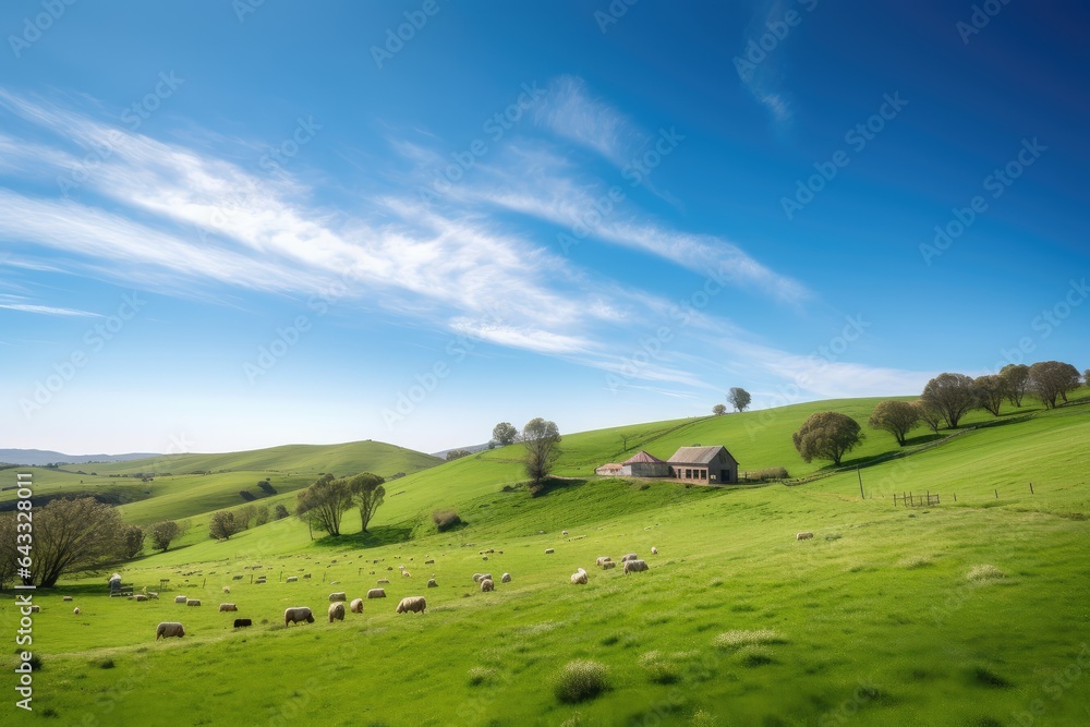 Hut and flock of sheep on green meadow Hut and flock of sheep on green meadow